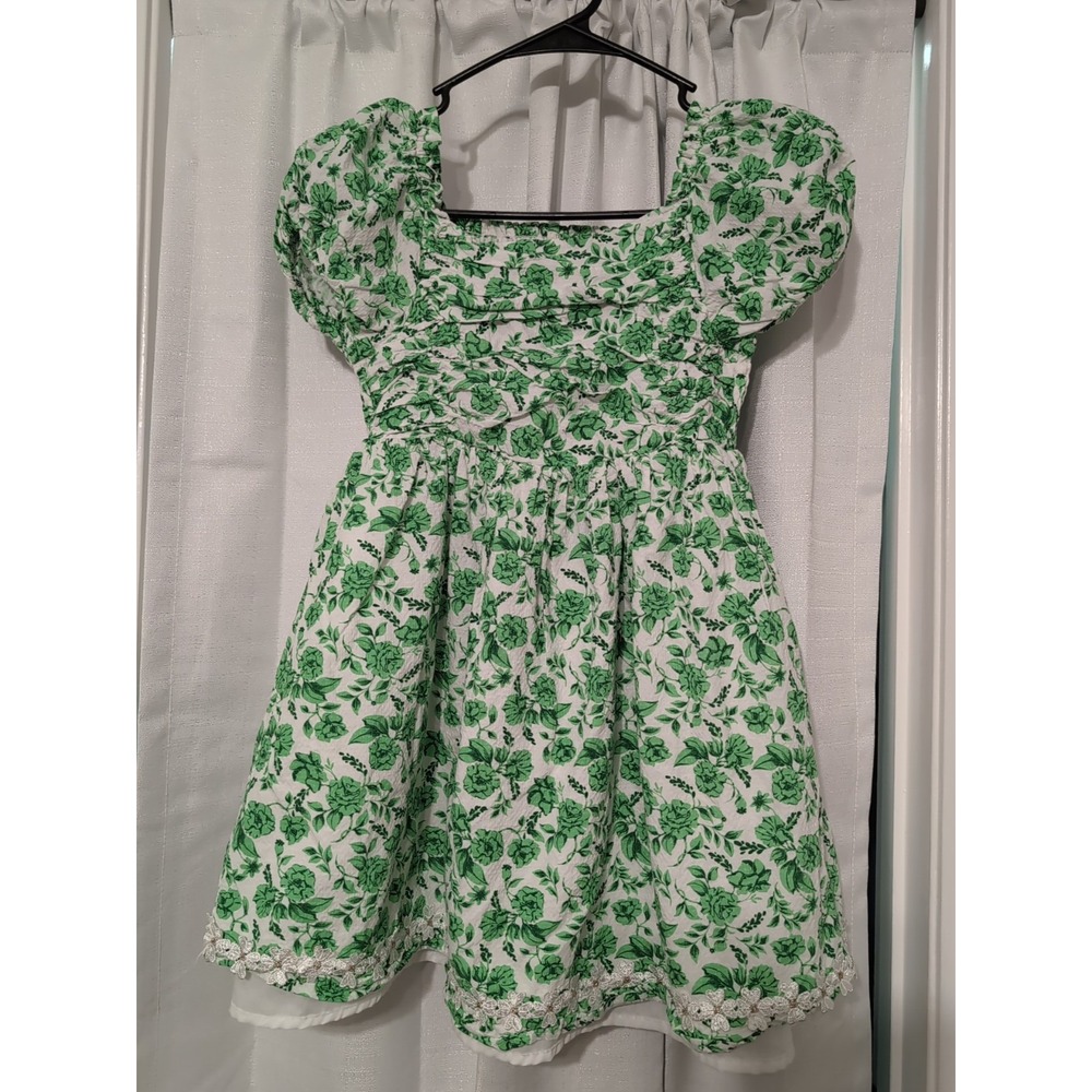 Joie Girls Green &‎ White Floral Dress Puff Sleeves Size 8